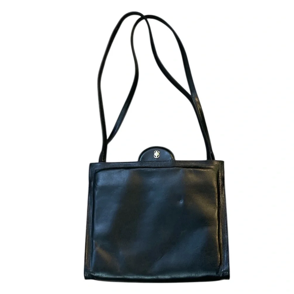 Vintage Block Black Leather Shoulder Bag Purse Structured 50s 60s